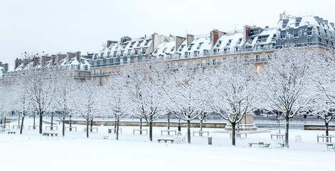 Paris under the snow during the winter, France