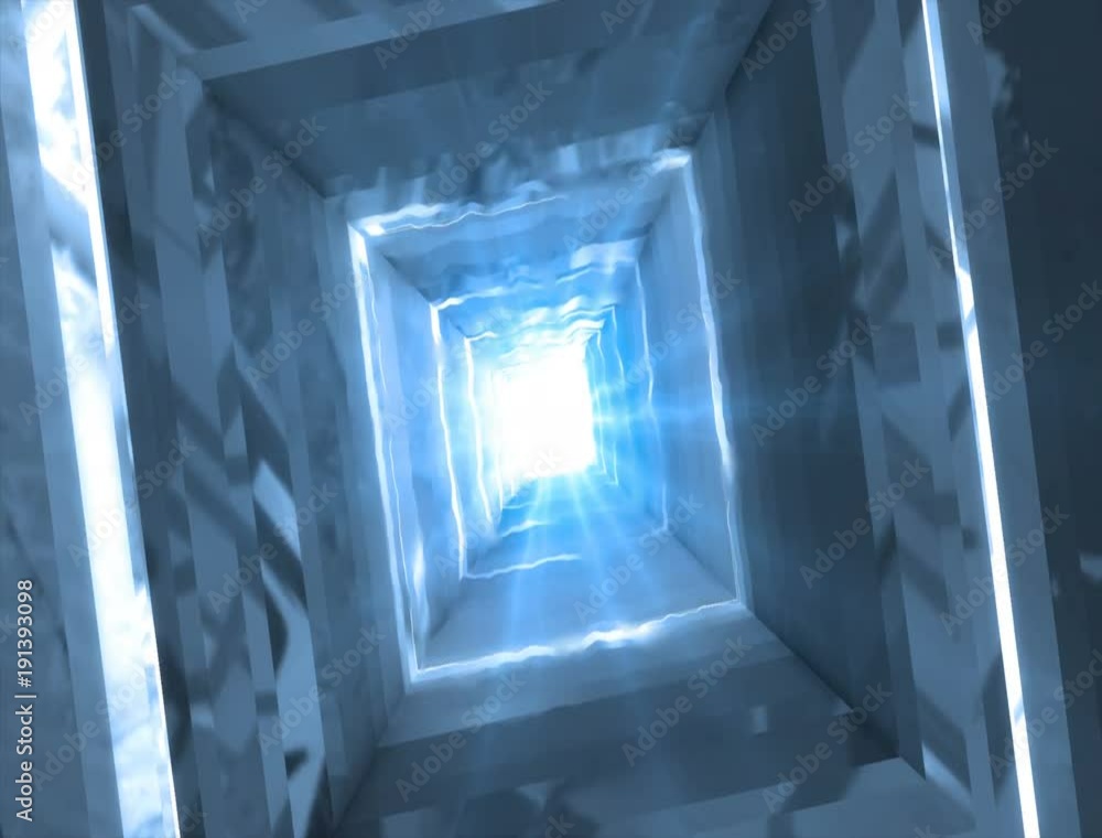 Poster abstract technology tunnel. silver metal concstruciton sharp corners with reflections the camera rot