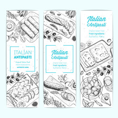 Italian Antipasto banner collection, vertical poster. A set of Italian food. Food menu design template. Vintage hand drawn sketch vector illustration. Engraved image