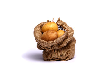 Bag with potatoes isolated on white background