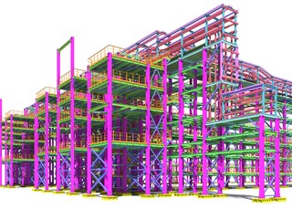 3D rendering of the construction of the overpass of technological metal structures. Architectural, construction and engineering background. Isolated on a white background.