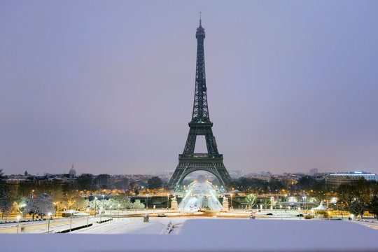 Paris under the snow during the winter, France