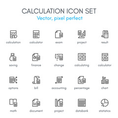 Calculation theme, line icon set.