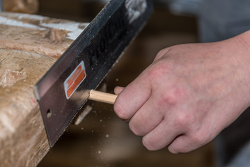 Schreiner sägt mit Handsäge