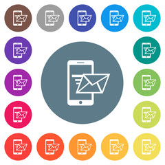 Sending email from mobile phone flat white icons on round color backgrounds