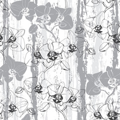Fototapeta premium Floral seamless pattern with orchids. Black and white vector illustration. Silhouettes.