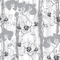 Papier Peint photo Lavable Orchidee Motif floral harmonieux d& 39 orchidées. Illustration vectorielle noir et blanc. Silhouettes.