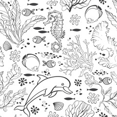 Underwater world. Seamless pattern with seahors, dolphin and  plants. Black and white vector illustration.