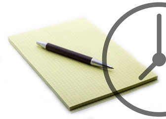 A pen on a notebook with a clock for business close up