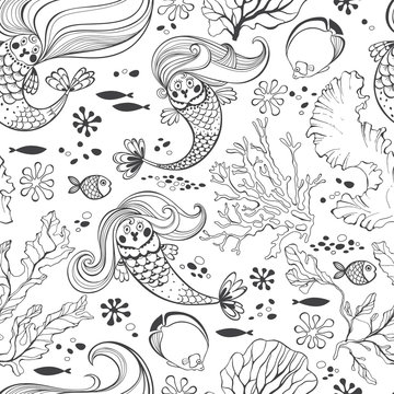Undersea world. Seamless pattern with mermaids. Black and white vector illustration.