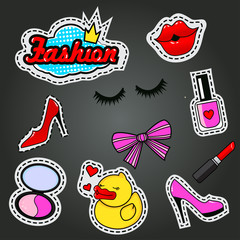 Fashion patch badges with lips, shoes, lipstick, speech bubbles, crown, eyelashes, nail polish, duck, bow, and other elements. Set of girlish stickers, patches in cartoon isolated on white background