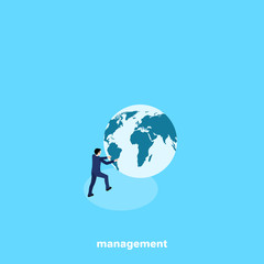 man in a business suit is kicking the globe, isometric image