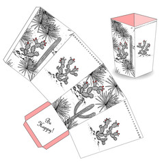 Cute popcorn box with hand drawn sketch cactus. Favor, gift box. Just print, cut out, and glue it together.