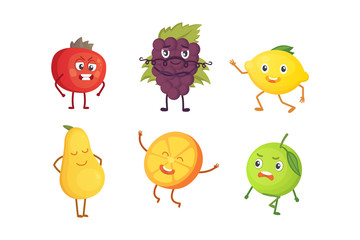 Set of cute cartoon fruit. Vector illustration with funny characters. Funny fresh food time.