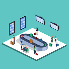 Fototapeta na wymiar Isometric 3D vector illustration people at the airport with luggage and waiting for the plane