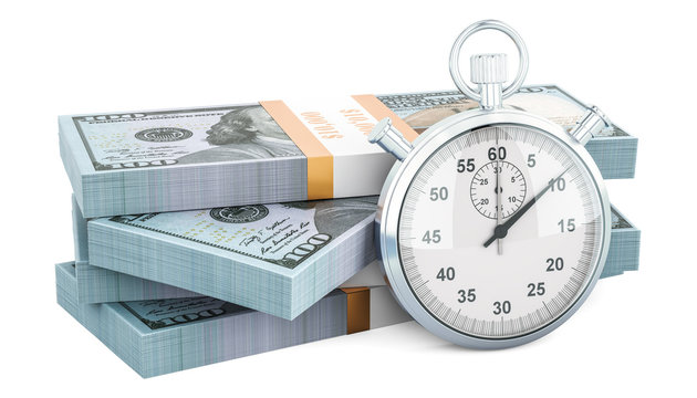 Dollar packs with stopwatch, make money concept. 3D rendering