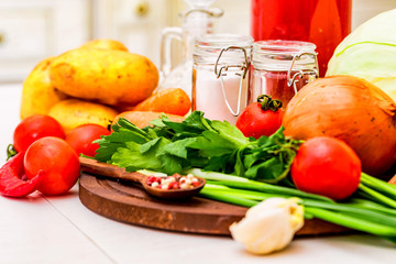 Ingredients for cooking borscht, Russian beet soup