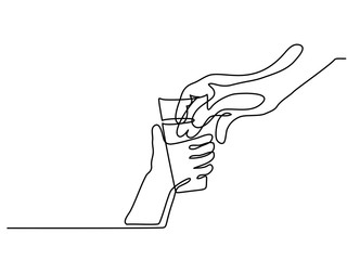 Obraz premium Continuous line drawing. Hand giving water in glass to child. Vector illustration