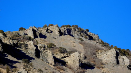 rocky slope with bushes and sky