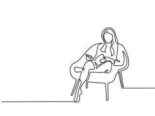 Continuous line drawing. Woman sitting with book in chair. Vector illustration