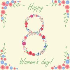 Women's day card with flowers and leaves. Vector illustration.