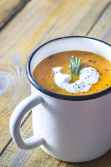 Mug of pumpkin cream soup