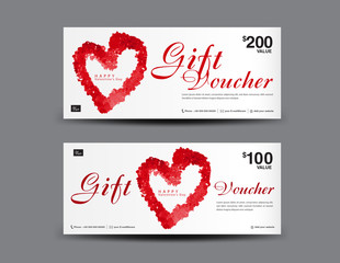 Valentine's Day Gift Voucher template layout, business flyer design, certificate, coupon, ticket, Discount card, Red heart icon, banner vector illustration