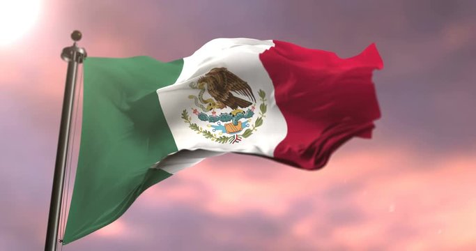 Mexico flag waving at wind at sunset, loop