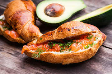 Croissants with salmon and cheese, avacado 