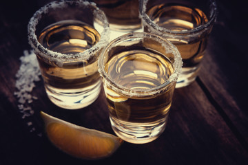 Tequila shots with lime fruit and salt 