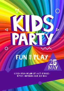 Kids party letter sign poster. Cartoon letters and shapes in abstract rainbow rays colorful background. Vector flyer template illustration