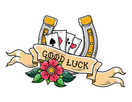Tattoo horseshoe, ribbon, flower and playing cards. Good Luck tattoo. Old school style. Lucky symbol