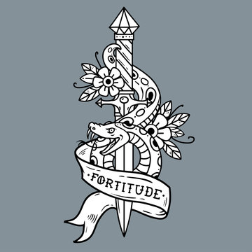 Naklejki Tattoo dagger, snake, ribbon. Lettering Fortitude.