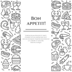 Meals theme black and white banner. Pictograms of steak, fish, pie, wine, shrimp, pizza and other restaurant food related pictograms. Line out. Simple silhouette. Editable stroke Vector illustration