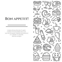 Meals theme black and white banner. Pictograms of steak, fish, pie, wine, shrimp, pizza and other restaurant food related pictograms. Line out. Simple silhouette. Editable stroke Vector illustration
