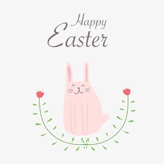 Happy Easter Greeting Card. Hand Drawn Bunny And Flower Element Design Vector Illustration.