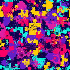 Abstract seamless puzzle pattern for girls, boys. Creative vector pattern with puzzle, square, splash, dots. Funny puzzle wallpaper for textile and fabric. Fashion sport style. Colorful bright.