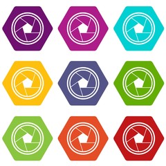 Photo objective icon set color hexahedron