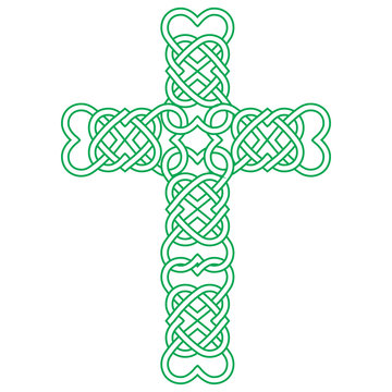 Vector knot illustration for Irish community: Celtic knot cross with heart shapes. Gaelic or Celtic medieval style knotwork of Holy Cross isolated.