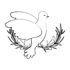 pigeon peace symbol side view in olive branch on blurred silhouette vector illustration
