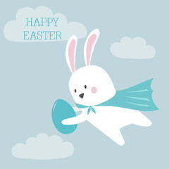 Cute bunny with easter egg on blue background.