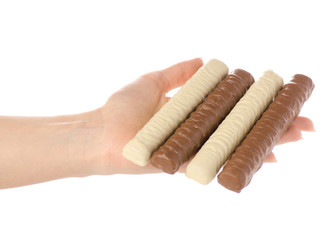 Chocolate bar stick white milk chocolate in hand