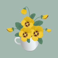Yellow pansy flowers in a white cup on a gray background. Floral composition. Vector illustration
