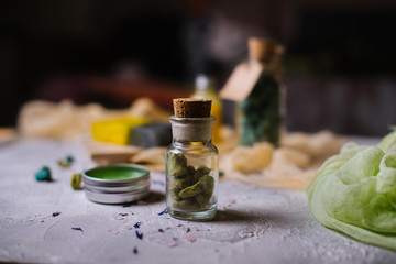 Spa: soap, cosmetic salt, jars, shampoo, aromatic stones