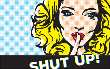 Shut up gesture woman pop art, shhh woman, woman with finger on lips, silence gesture, pop art style woman banner,