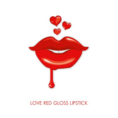 Love red gloss lipstick. Thematic illustration of sensual lips with passionate red lipstick smiles. Lips and aerial hearts vector fashion cosmetics design.
