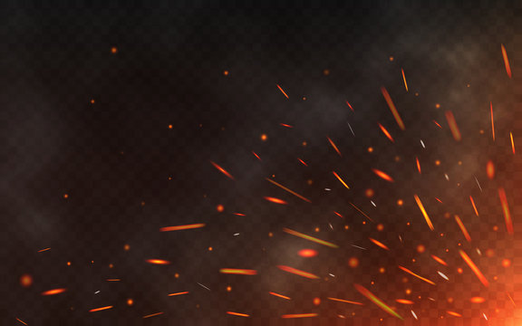 Fire sparks flying up on transparent background. Smoke and glowing particles on black. Realistic lighting sparks with bokeh effect for design. Vector illustration