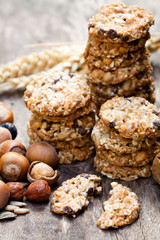 Healthy  protein granola crackers with seeds and nuts on wooden table