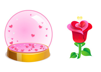 Magic crystal romantic balls with hearts inside and rose. Vector illustration for Valentines day.