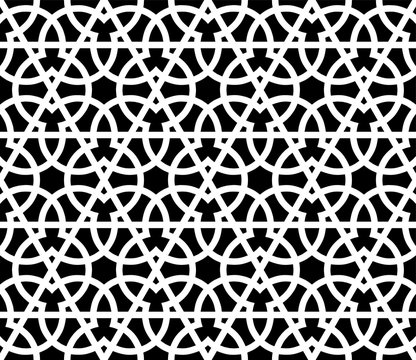 Seamless pattern with overlapping geometric shapes forming abstract ornament. Vector stylish texture in black and white color. Ethnic line islamic pattern